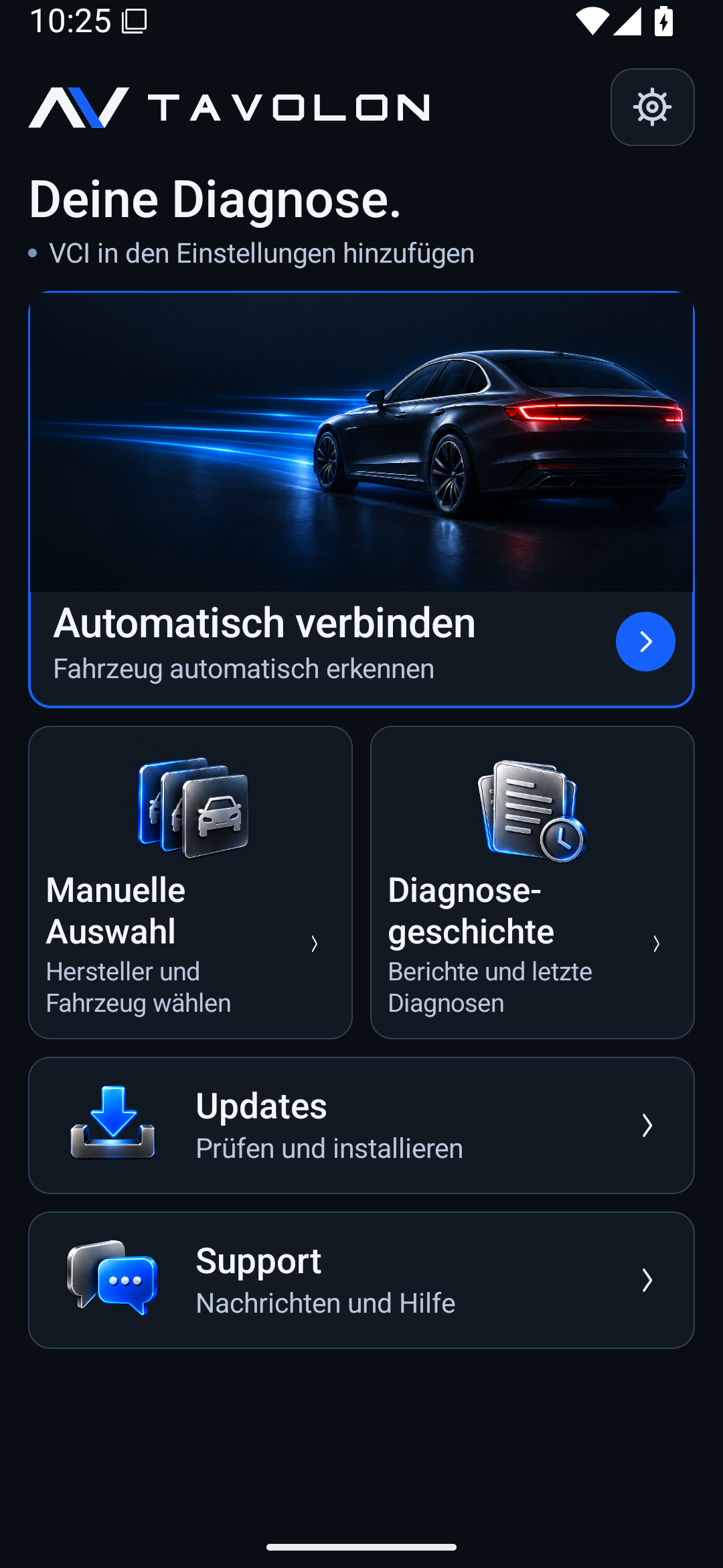 TAVOLON App: neue Startseite mit automatischer Verbindung und Diagnoseauswahl im Hochformat