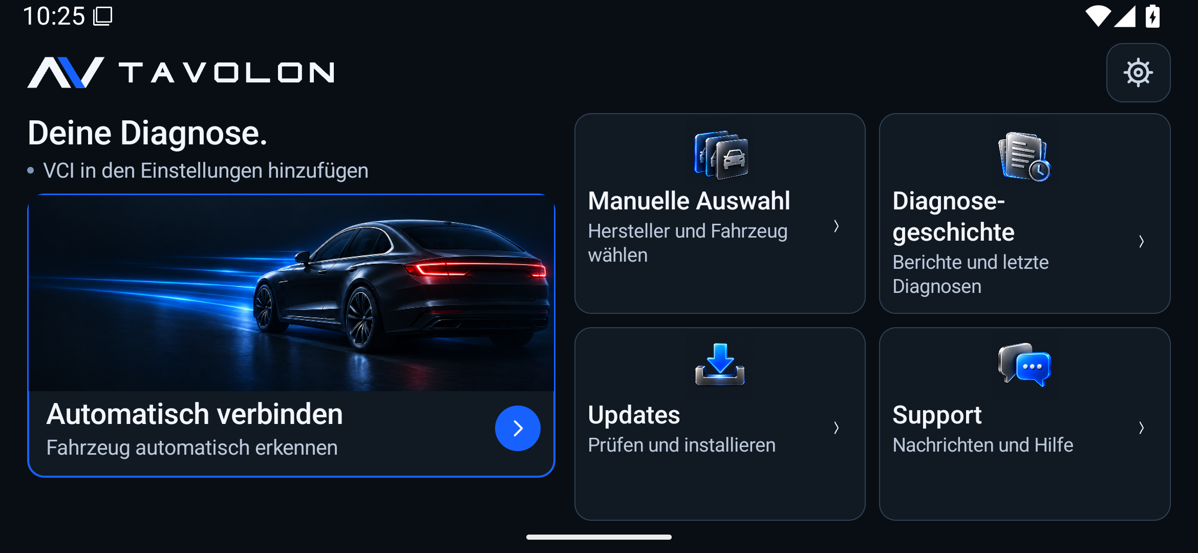 TAVOLON App: neue Startseite mit Diagnoseauswahl, Updates und Support im Querformat